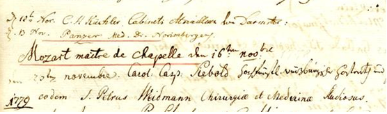 Mozart's entry in the Mannheim Observatory visitor's book, Mannheim, 16 November 1778
