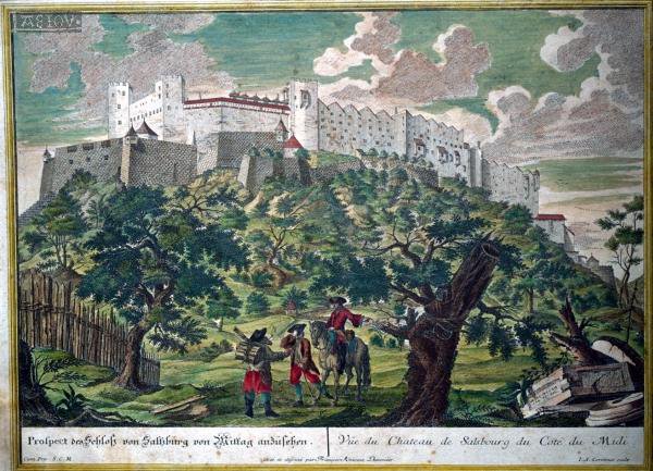 Franz Anton Danreiter, Schloss von Salzburg (hand-coloured engraving, c1750)