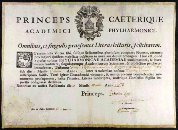 Mozart's diploma from the Accademia filarmonica, Bologna (Bologna, Accademia filarmonica)