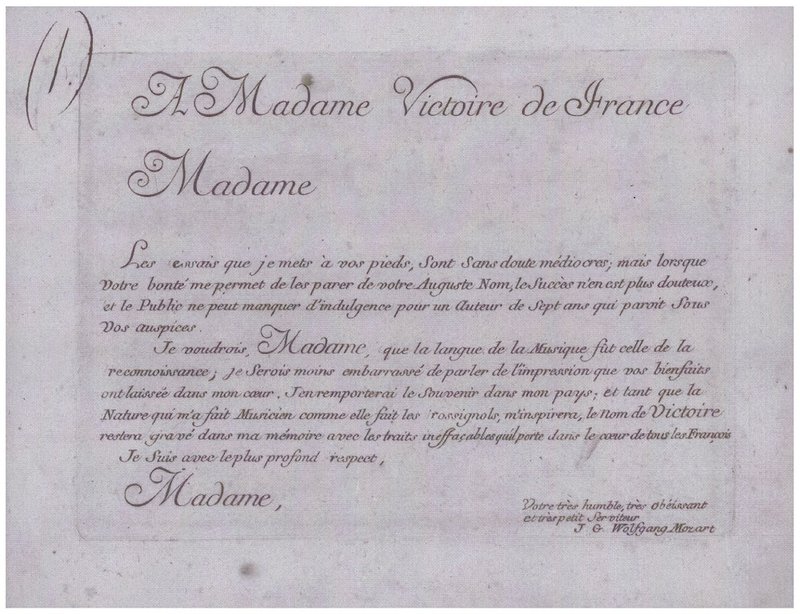 W A Mozart, Dedication of sonatas K6-7 (Paris, 1764)