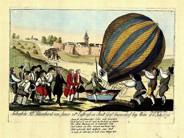 The arrival of H. Blanchard on his 48th aerial voyage at the town of Gross Enzersdorf near Vienna, 6 July 1791. Anonymous engraving, Vienna, 1791